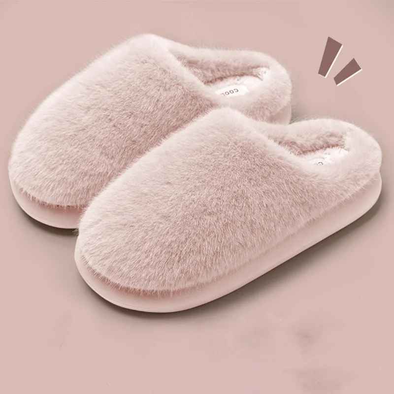 Winter Women's Faux Fur Warm Slippers-Plush Toe-Cover Slip-Resistant Cotton House Shoes,Soft Cozy Indoor Slides with Thick Sole