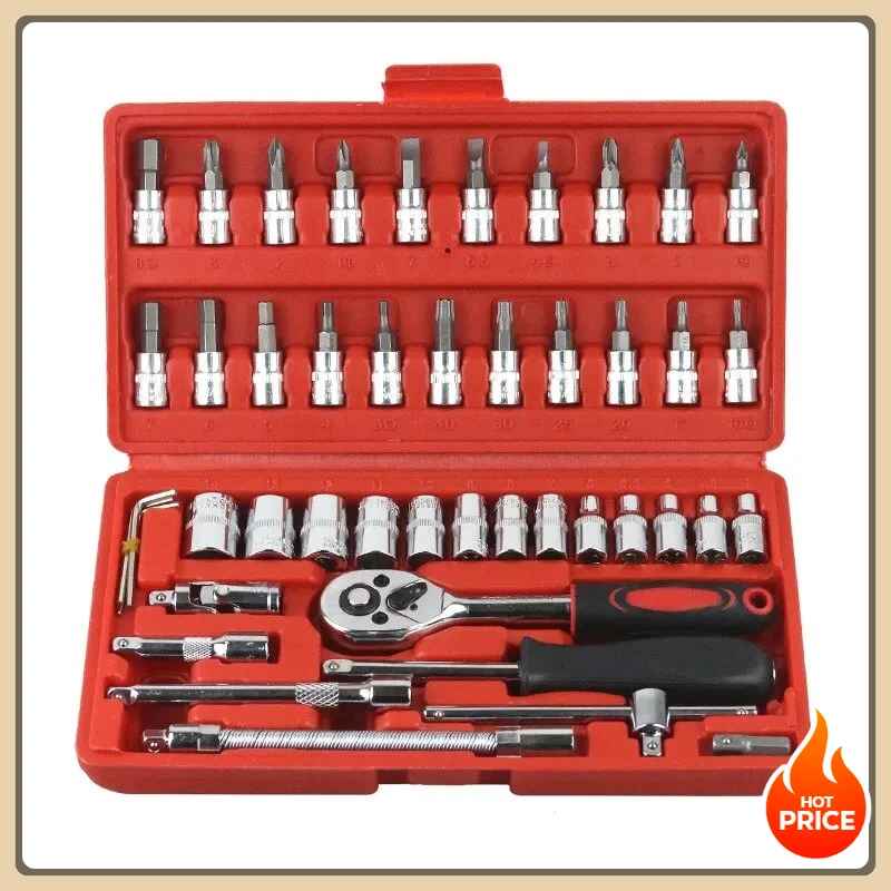 46pcsCar Repair Tool Kit 1/4-Inch Socket Set Car Repair Tool Ratchet Torque Wrench Combo Auto Repairing Set Mechanic Tool